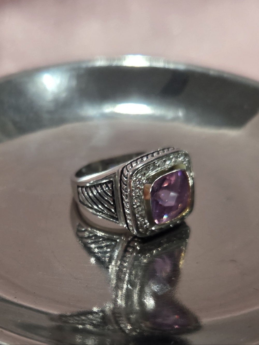 Faux Silver Ring with Purple Gemstone